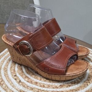 Born Leather Cork Wedge Sandals, Size 10/42